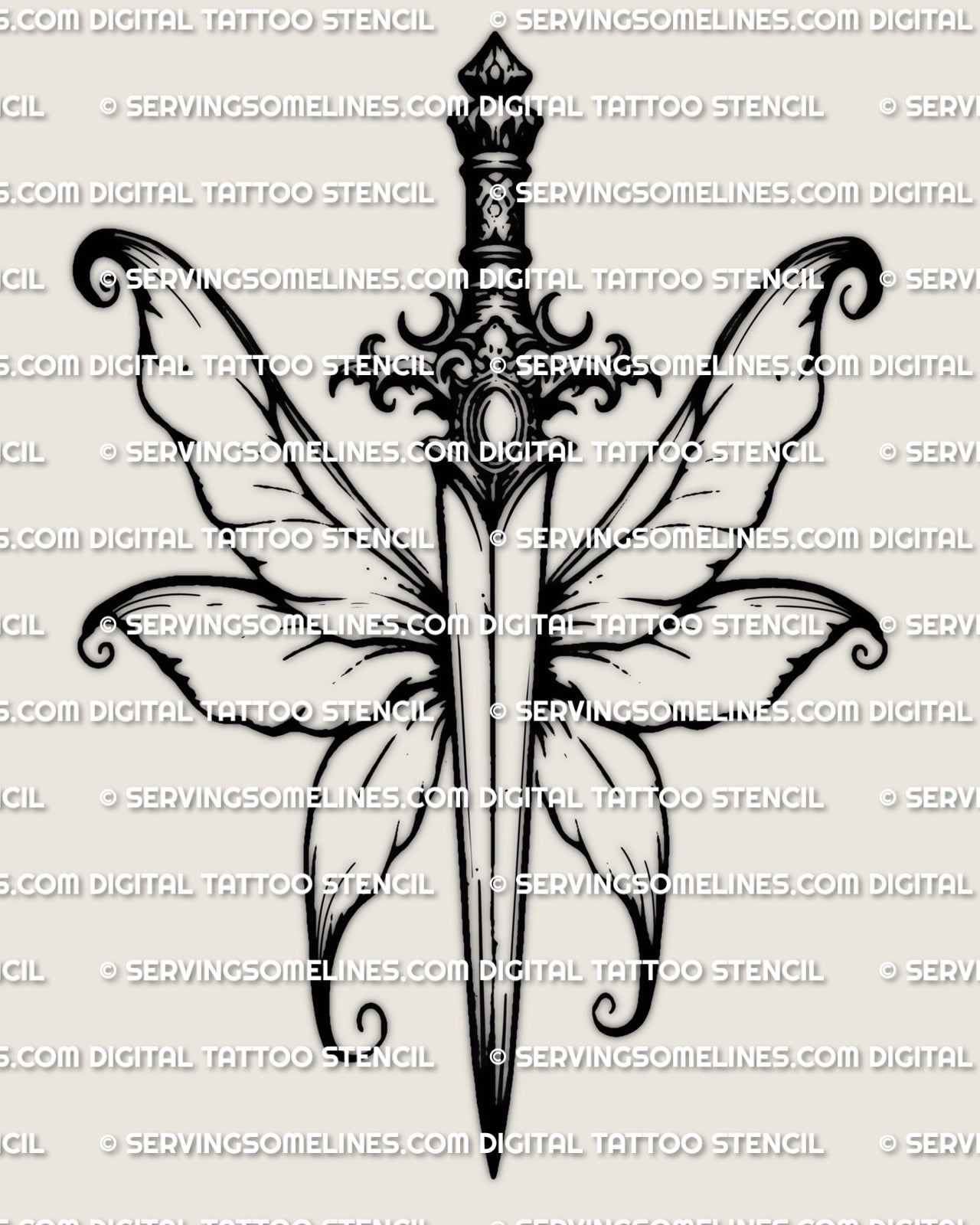 Fairy dagger tattoo stencil design with curled fairy wings and ornate gem hilt, clean fantasy linework ready for stencil use