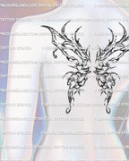 mannequin back displaying a fantasy fairy wing spine tattoo stencil with symmetrical ethereal wings spreading across the upper back