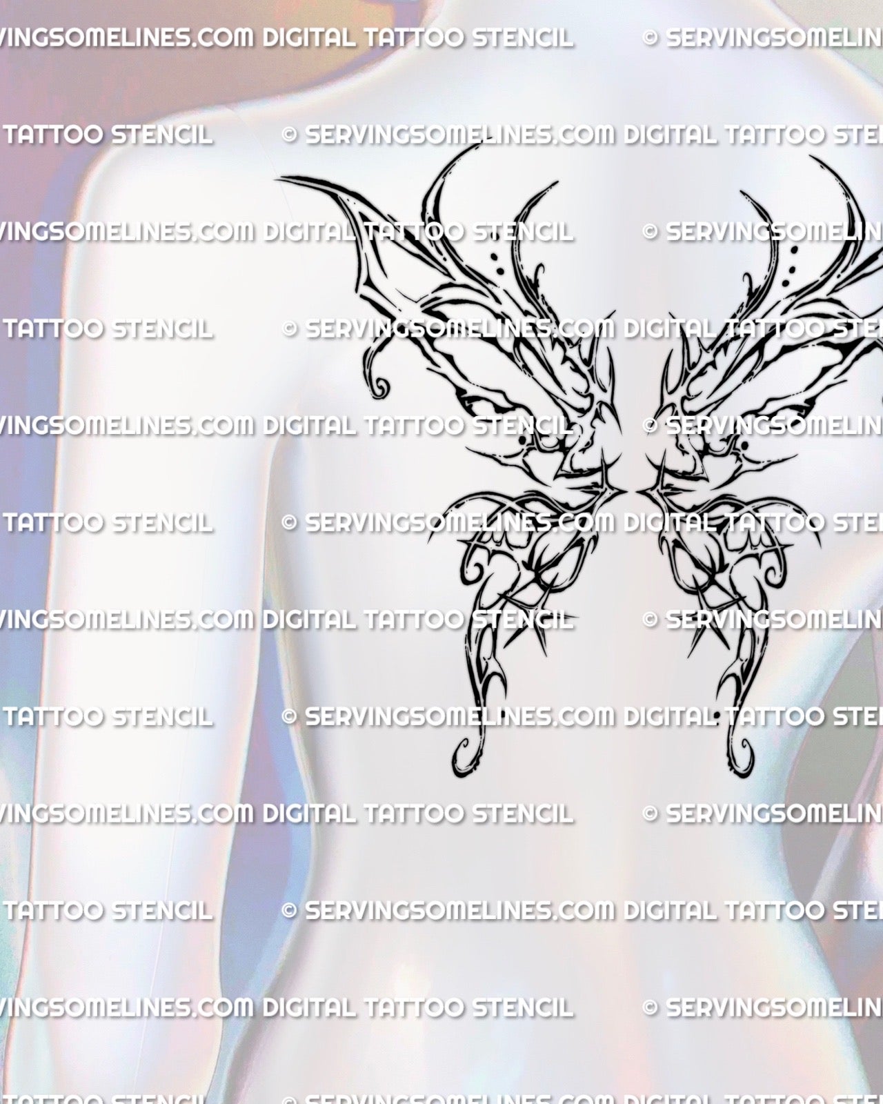 mannequin back displaying a fantasy fairy wing spine tattoo stencil with symmetrical ethereal wings spreading across the upper back