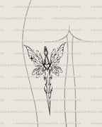Fairy wing sword tattoo stencil shown on back of thigh placement, tall layout, airy wings, fineline sword stencil.