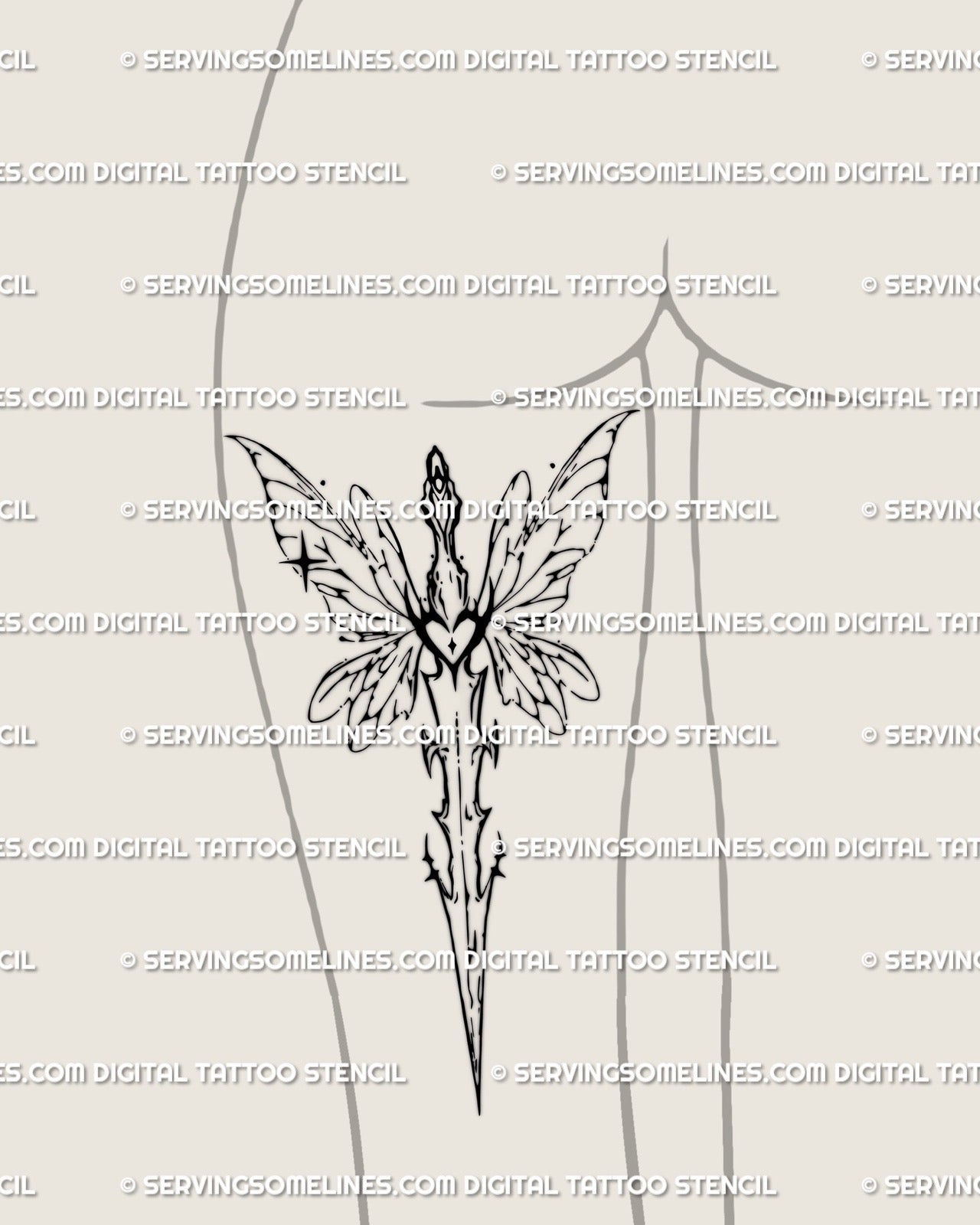 Fairy wing sword tattoo stencil shown on back of thigh placement, tall layout, airy wings, fineline sword stencil.