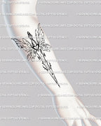 Fairy wing sword tattoo stencil shown on forearm placement, tall vertical fit, airy wing panels, sharp sword read.