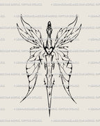 Fairy winged sword tattoo design with butterfly wings, heart core, and cyber-tribal detailing, a feminine backpiece symbolizing renewal.