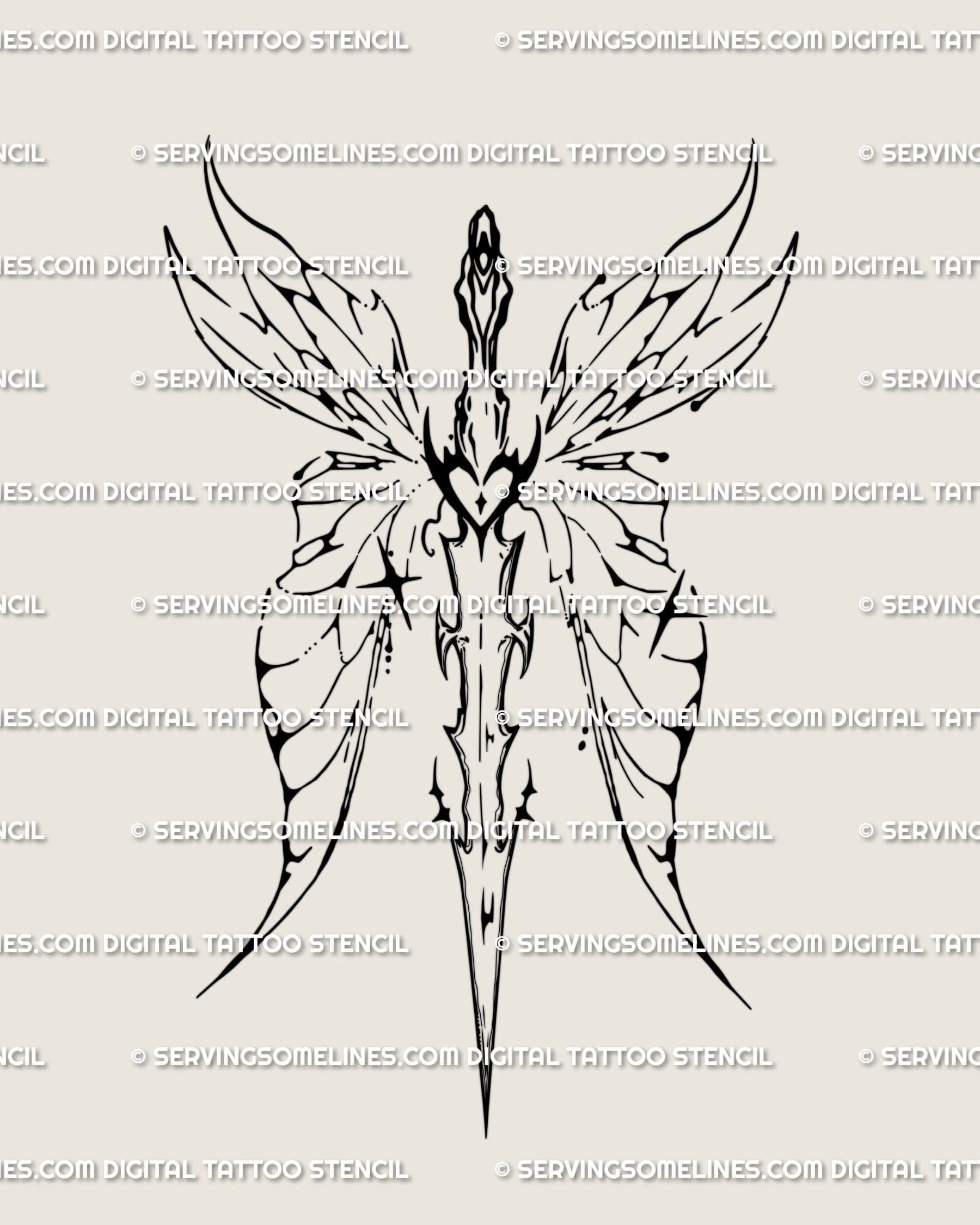 Fairy winged sword tattoo design with butterfly wings, heart core, and cyber-tribal detailing, a feminine backpiece symbolizing renewal.