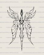 Fairy winged sword tattoo stencil design with a long centered sword, outlined wings, and ornamental back-ready structure