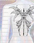 Fairy wings back tattoo design previewed on woman’s spine, elegant sword heart hilt and butterfly wings cyber-ornamental stencil. 