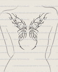 Digital stencil of fairy wings back tattoo displayed on woman’s upper back, delicate cybersigilism line art showing ornamental fine outlines.