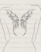 Digital stencil of fairy wings back tattoo displayed on woman’s upper back, delicate cybersigilism line art showing ornamental fine outlines.