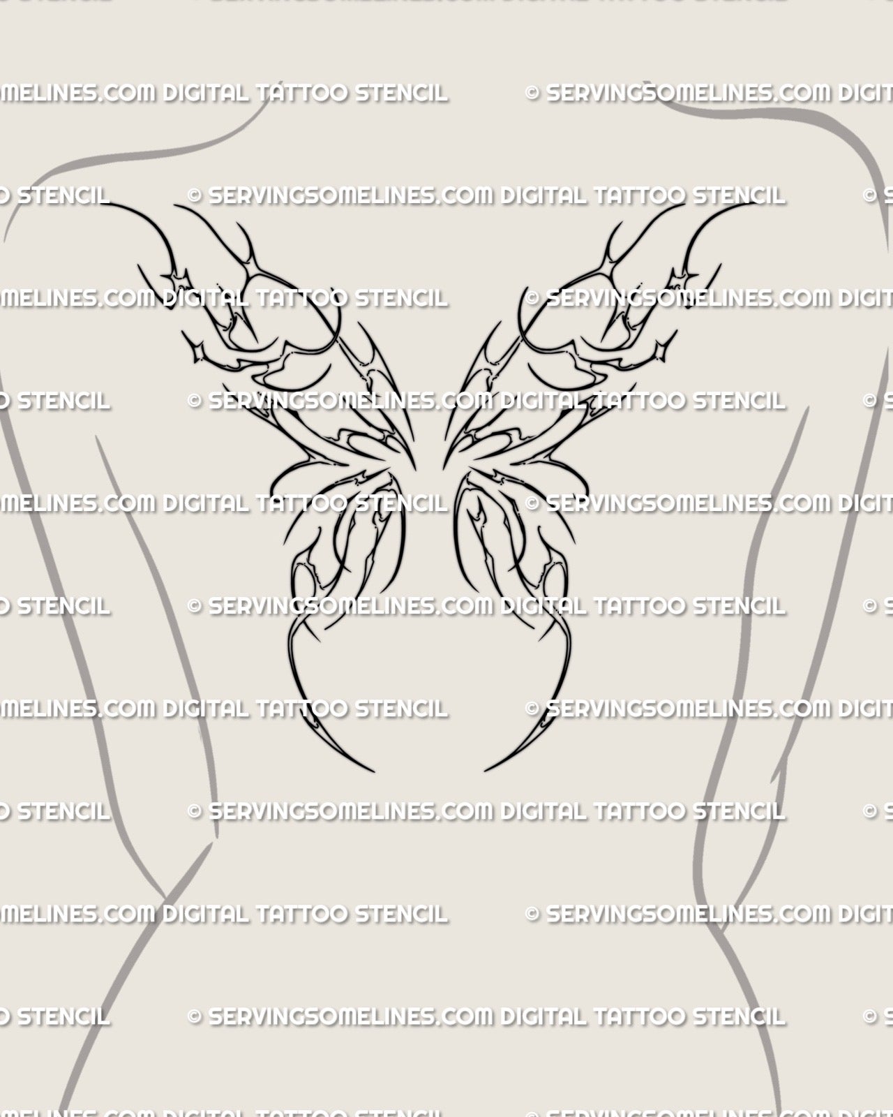 Digital stencil of fairy wings back tattoo displayed on woman’s upper back, delicate cybersigilism line art showing ornamental fine outlines.