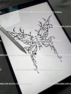 Fairy wings corset tattoo stencil shown on iPad, butterfly wings tied with lace-up bow, gothic yet feminine cyber-sigil line design.