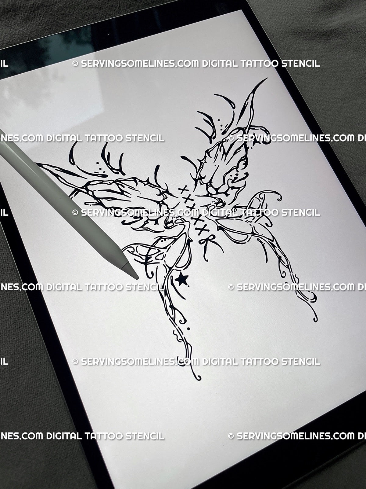 Fairy wings corset tattoo stencil shown on iPad, butterfly wings tied with lace-up bow, gothic yet feminine cyber-sigil line design.