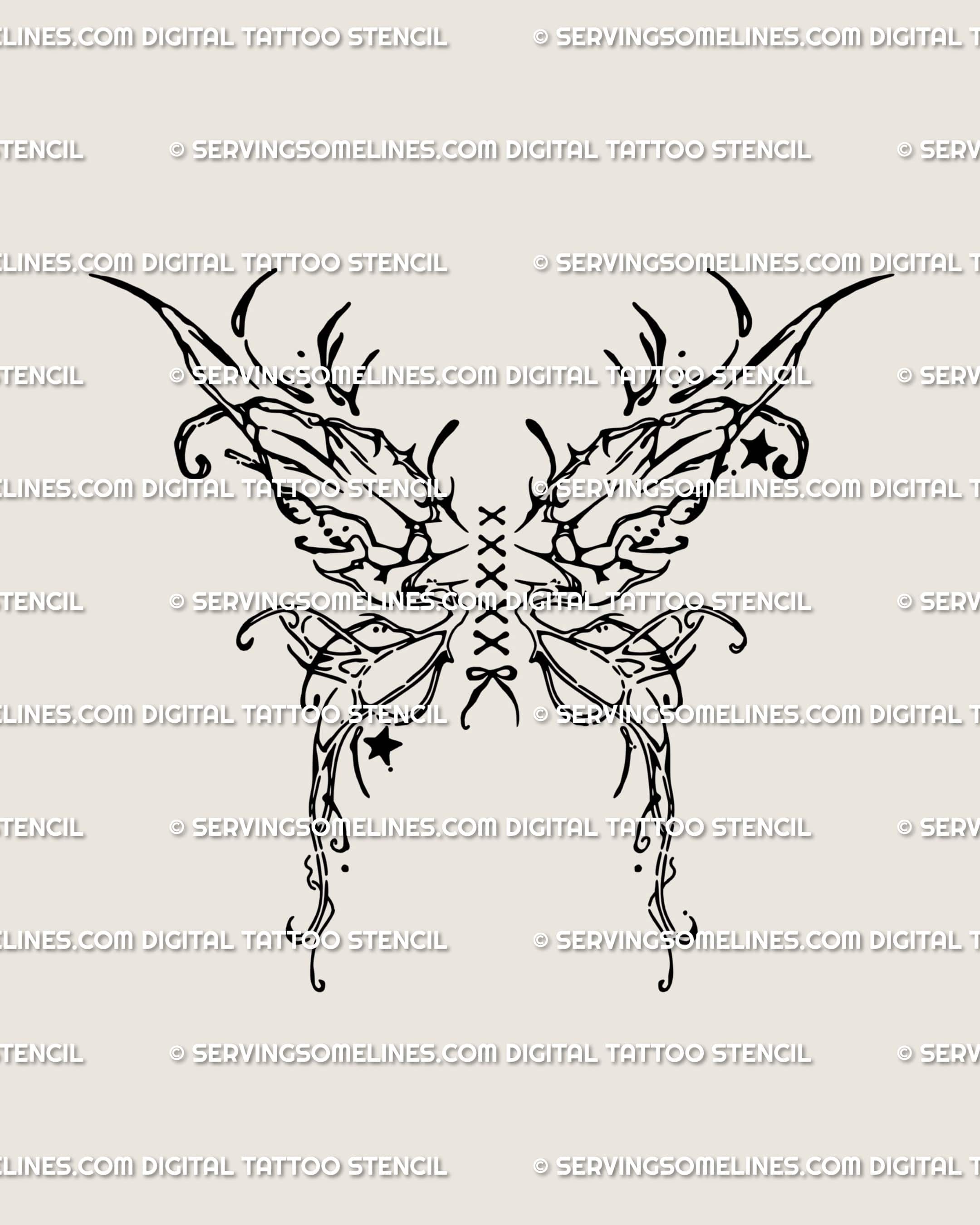 Fairy wings corset tattoo stencil design, lace-up center and soft ornamental wing shape, printable PNG JPG PDF download files.
