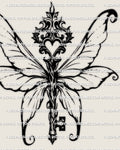 Fairy wings key tattoo stencil, dark fae ornate key with heart crest, centered design preview.