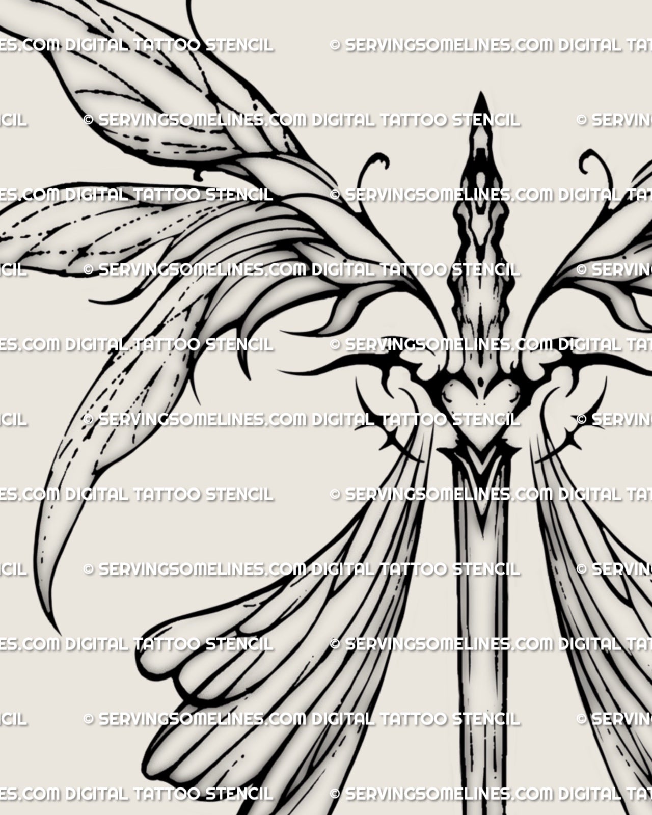 Digital fairy wings spine sword tattoo stencil with heart hilt and ornamental butterfly wings, feminine fairycore back design.