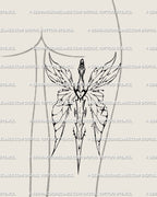Fairy wings sword tattoo design placed on the back of the thigh, combining delicate femininity with cyber tribal sword energy.