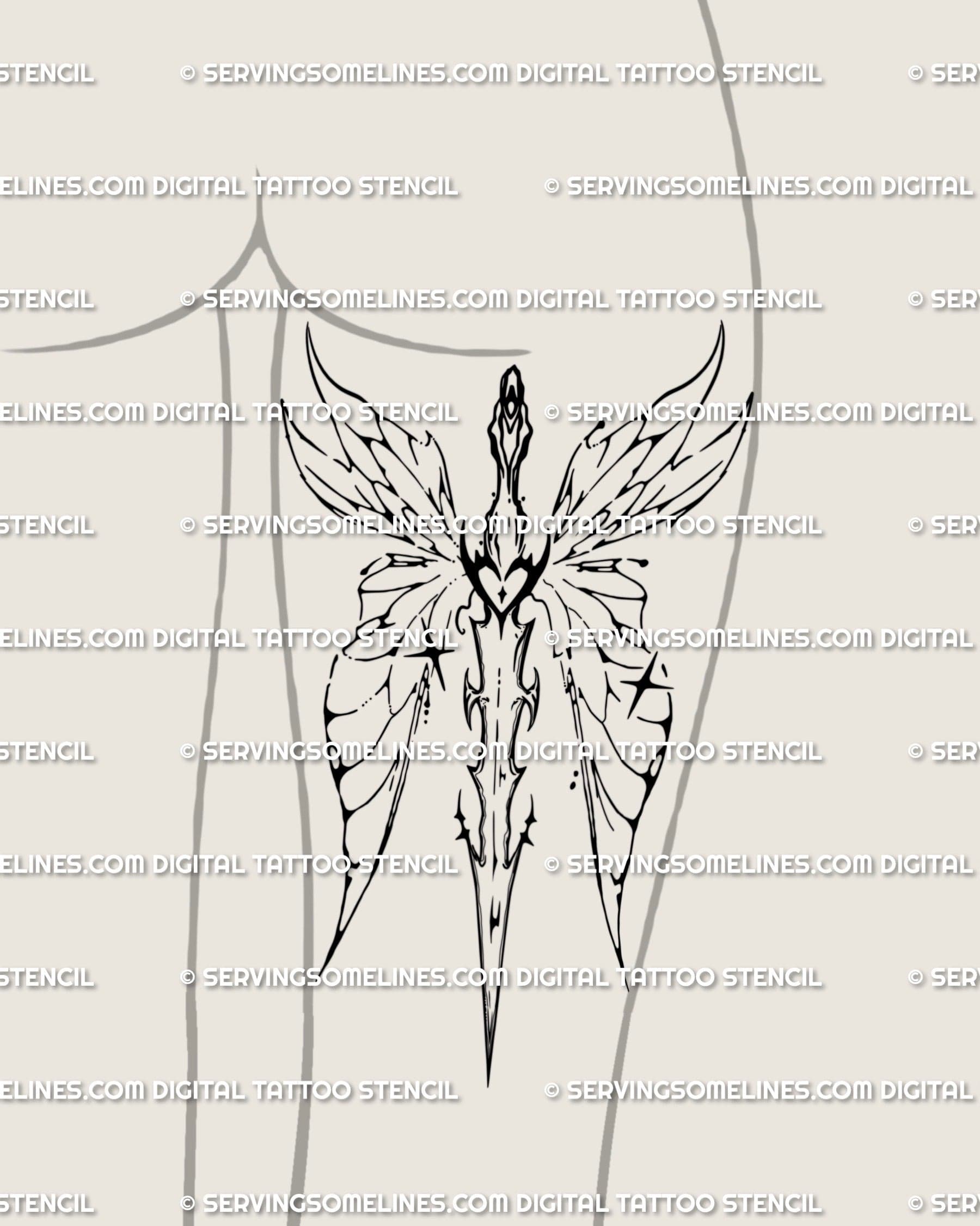Fairy wings sword tattoo design placed on the back of the thigh, combining delicate femininity with cyber tribal sword energy.