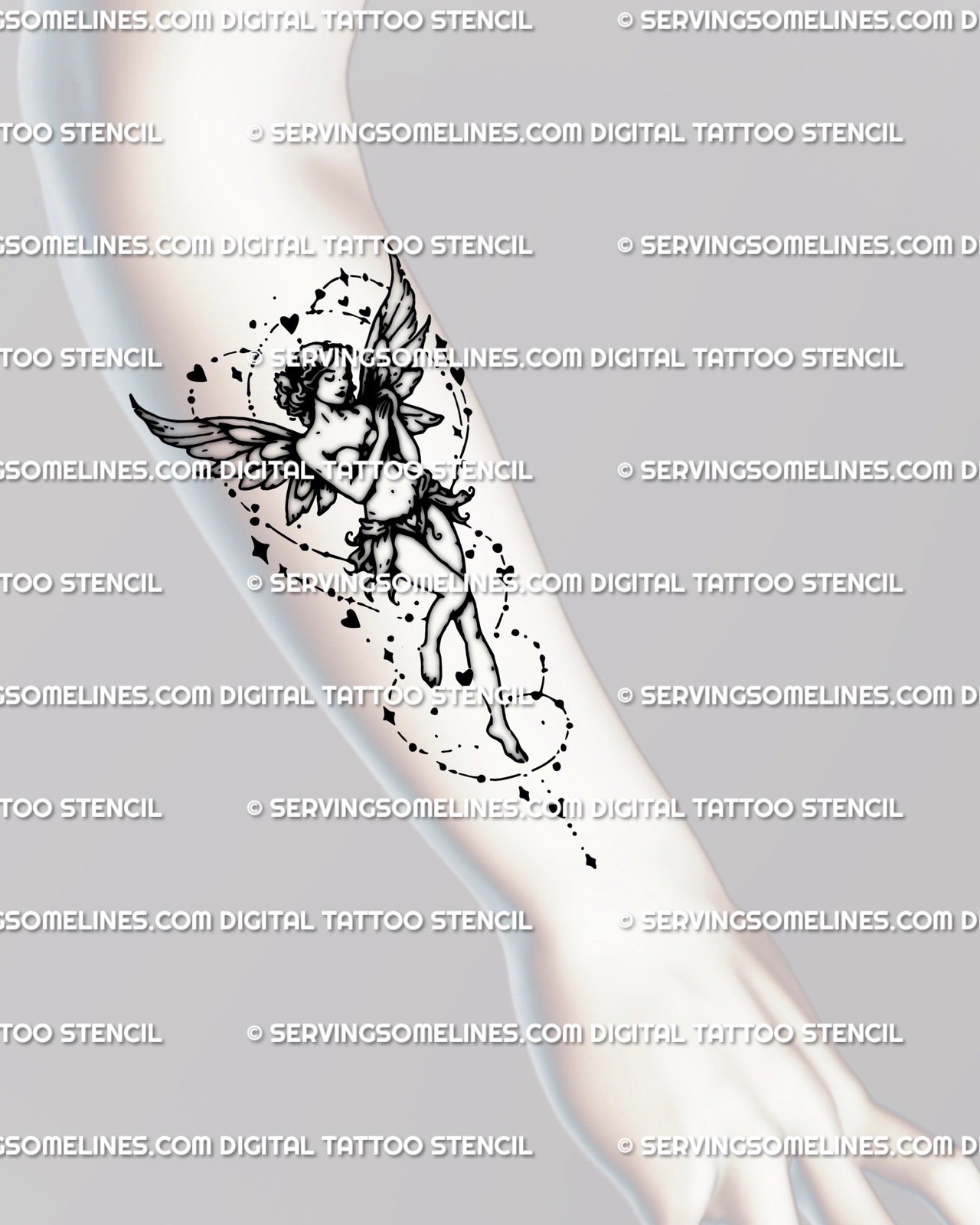 Forearm placement preview of fairy wings tattoo stencil, celestial linework design with heart and protective energy.