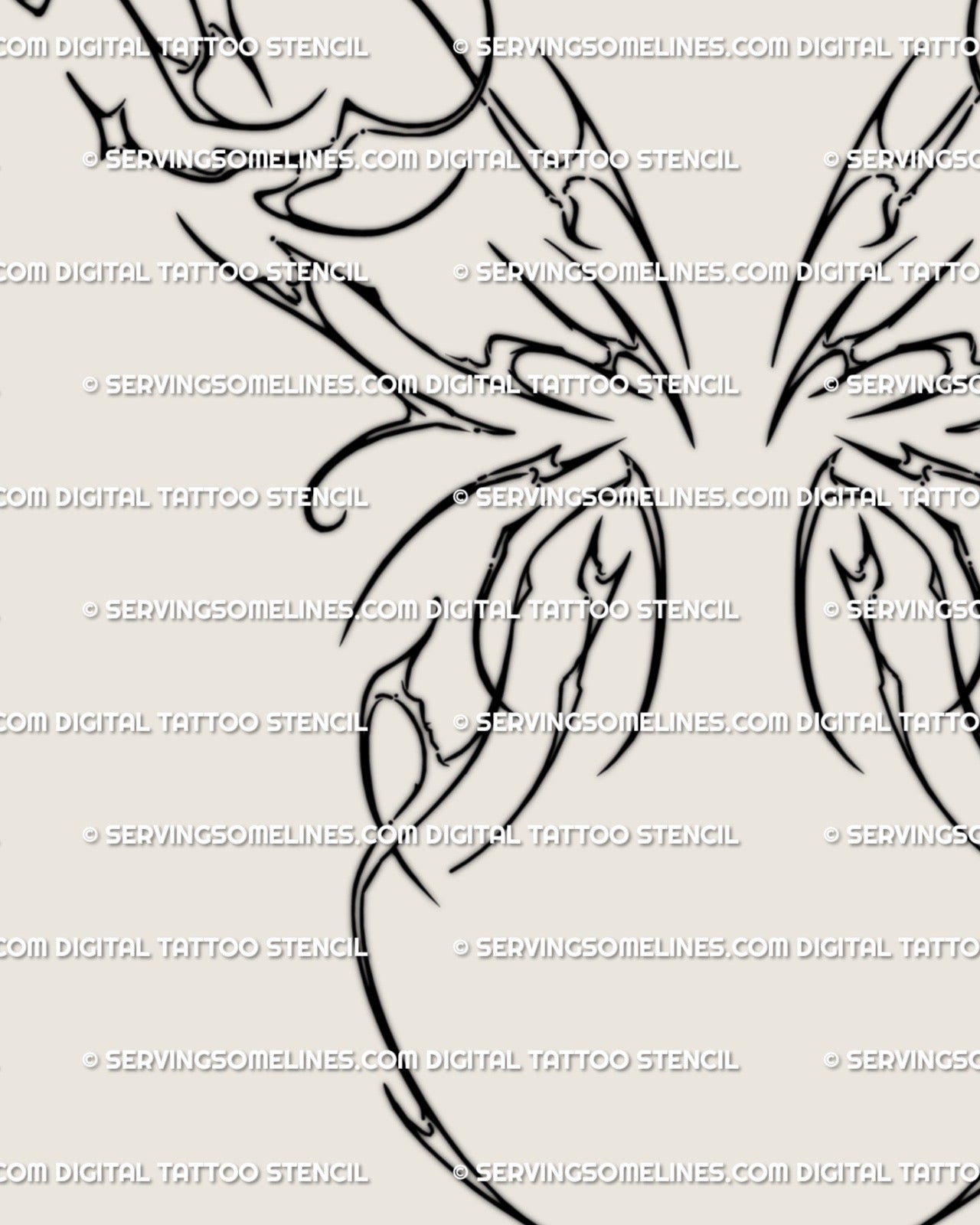 Close detail of fairy wings tattoo stencil showing fine inner linework and soft neotribal ornamental shaping