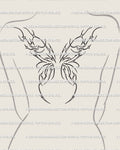 Fairy wings upper back tattoo stencil shown on women’s upper back placement with a soft symmetrical cyber-style layout