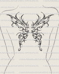 female upper back showing delicate fairy wings tattoo stencil with ornamental fantasy linework shaped naturally over the shoulder blades