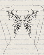 female upper back showing delicate fairy wings tattoo stencil with ornamental fantasy linework shaped naturally over the shoulder blades