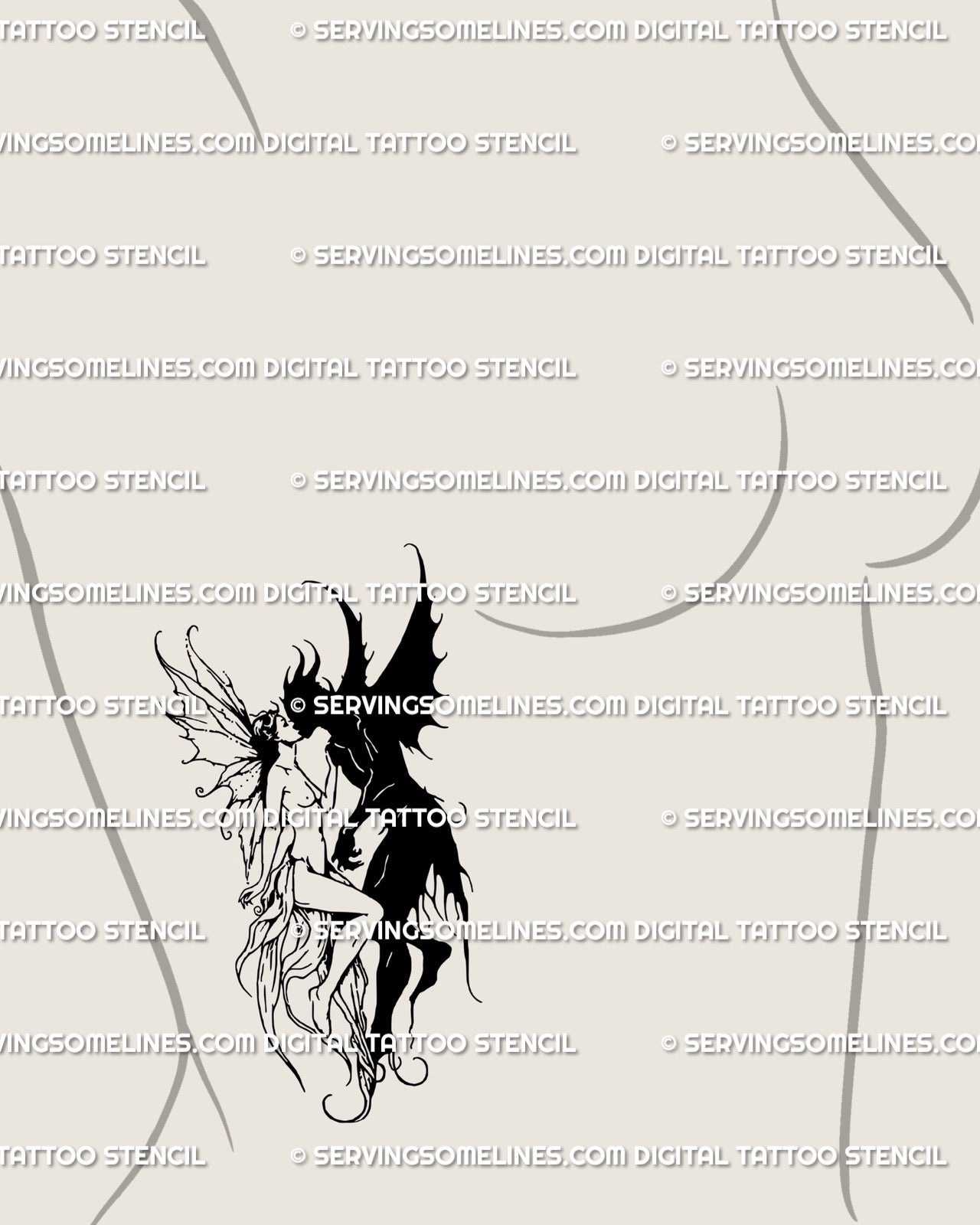 fairy and demon tattoo placed on female side ribs, hand-drawn blackwork showing balance of light and darkness romantic symbolism 