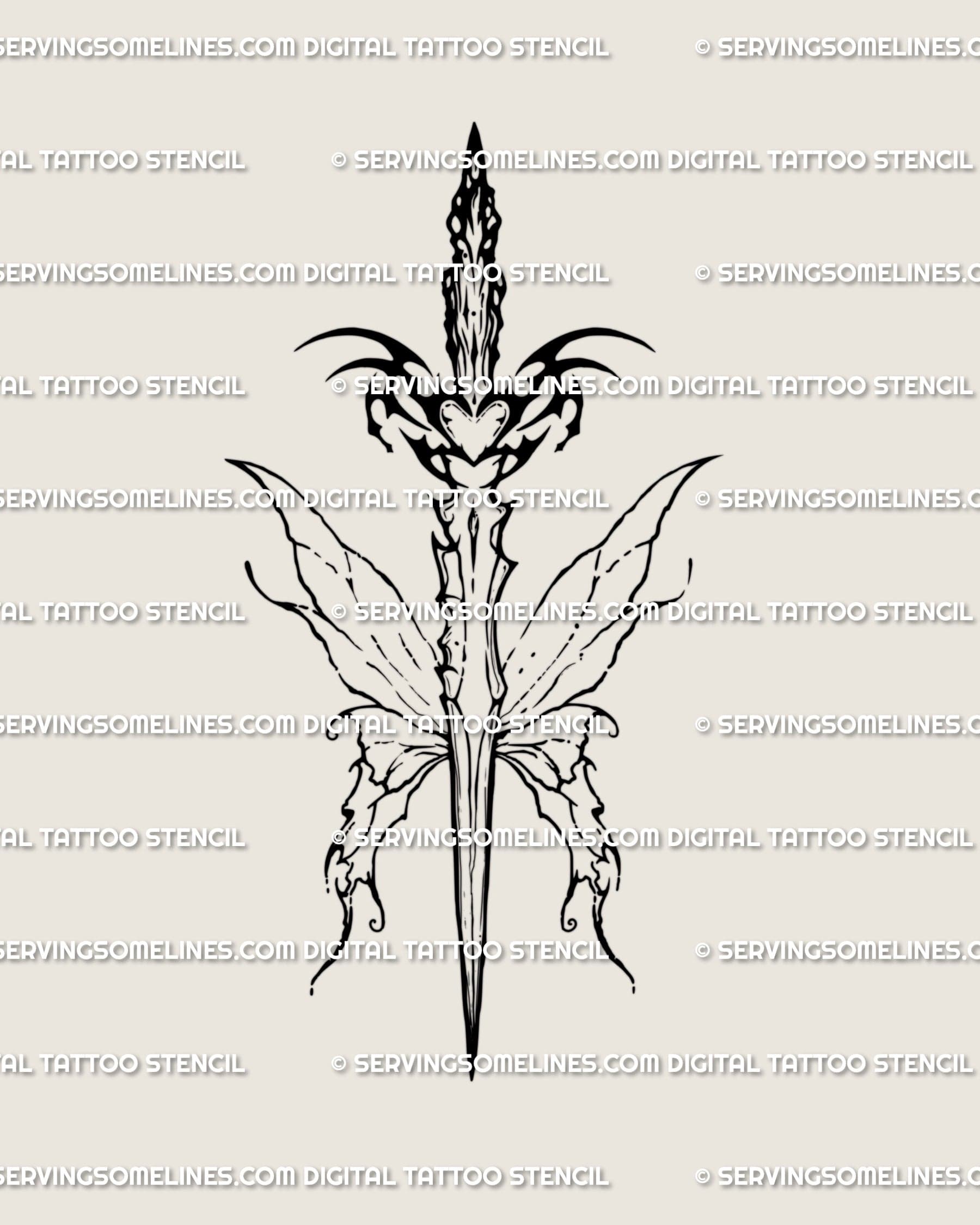 Fairy dagger tattoo stencil with butterfly wings and tribal spikes, cybersigilism linework, heart detail, digital download design.