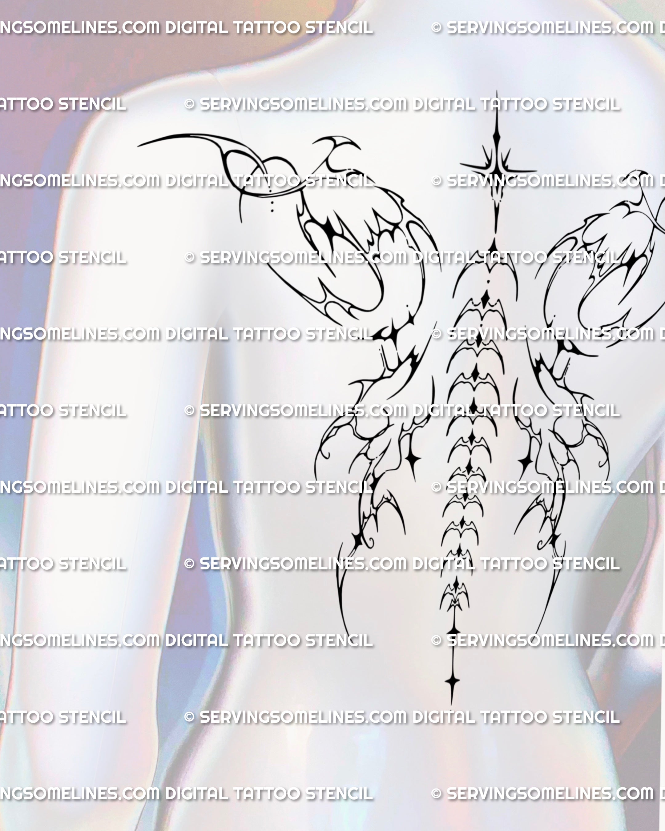 Fairy wings spine tattoo idea shown as a gothic backpiece, ornamental cyber tribal flow turning the spine into a balanced winged tattoo stencil.