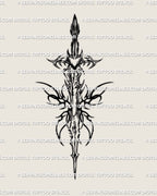 Fantasy blade tattoo design in cyber tribal style with wing shapes and gothic heart center, detailed blackwork stencil for artists
