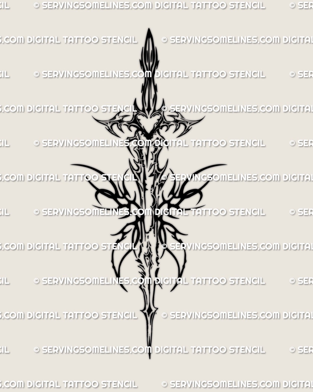 Fantasy blade tattoo design in cyber tribal style with wing shapes and gothic heart center, detailed blackwork stencil for artists
