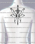 Fantasy dagger tattoo shown on women's upper back center, with fairy wings, curled tips, and a clean vertical blade.