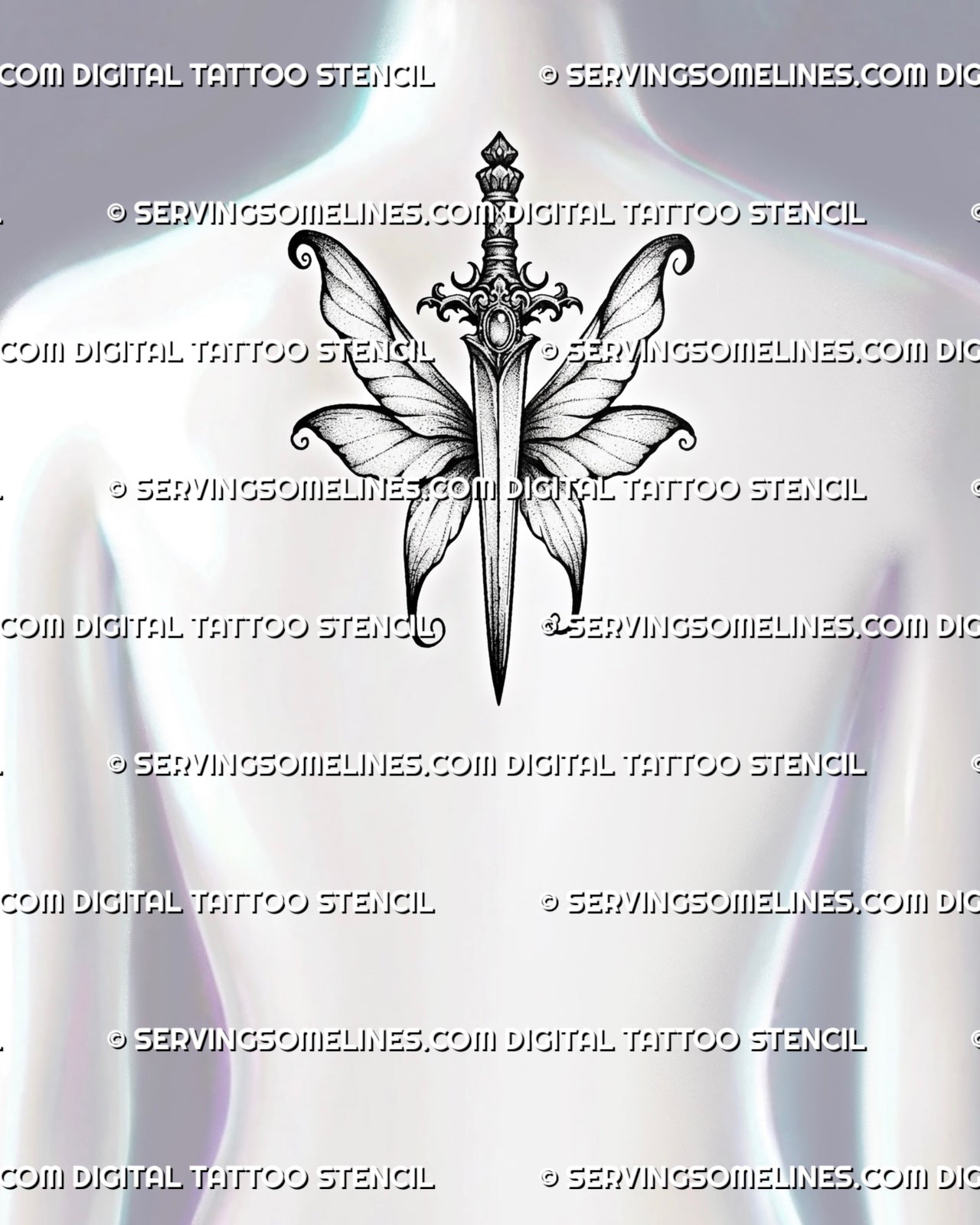 Fantasy dagger tattoo shown on women's upper back center, with fairy wings, curled tips, and a clean vertical blade.