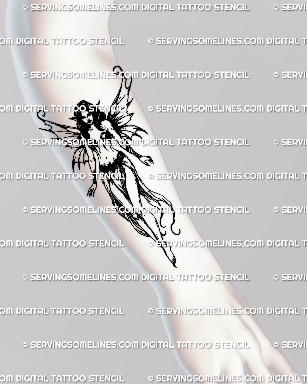 Fantasy fairy tattoo on forearm with curled wings and gothic details, medieval inspired stencil art shown applied on skin for fairycore tattoo ideas