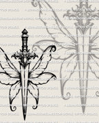 Fantasy fairy dagger tattoo stencil design showing fairy wings behind a slim dagger with decorative hilt detail