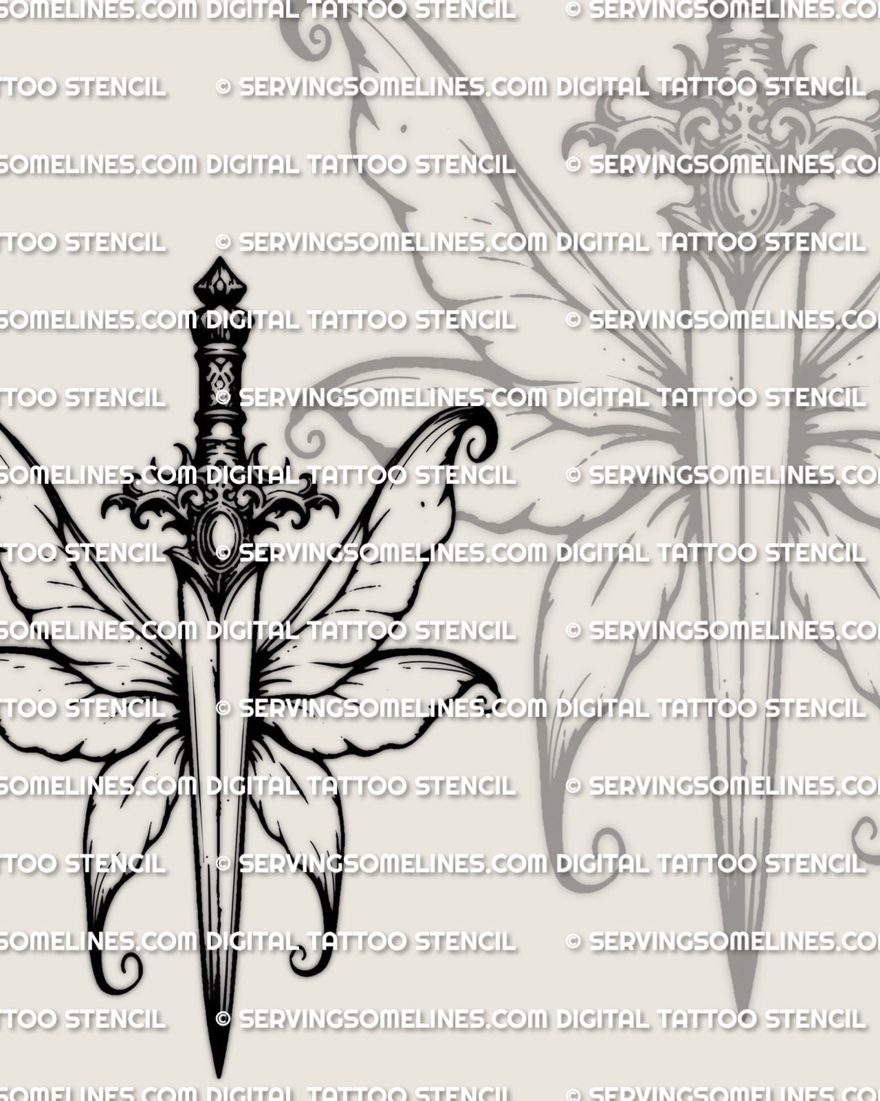 Fantasy fairy dagger tattoo stencil design showing fairy wings behind a slim dagger with decorative hilt detail
