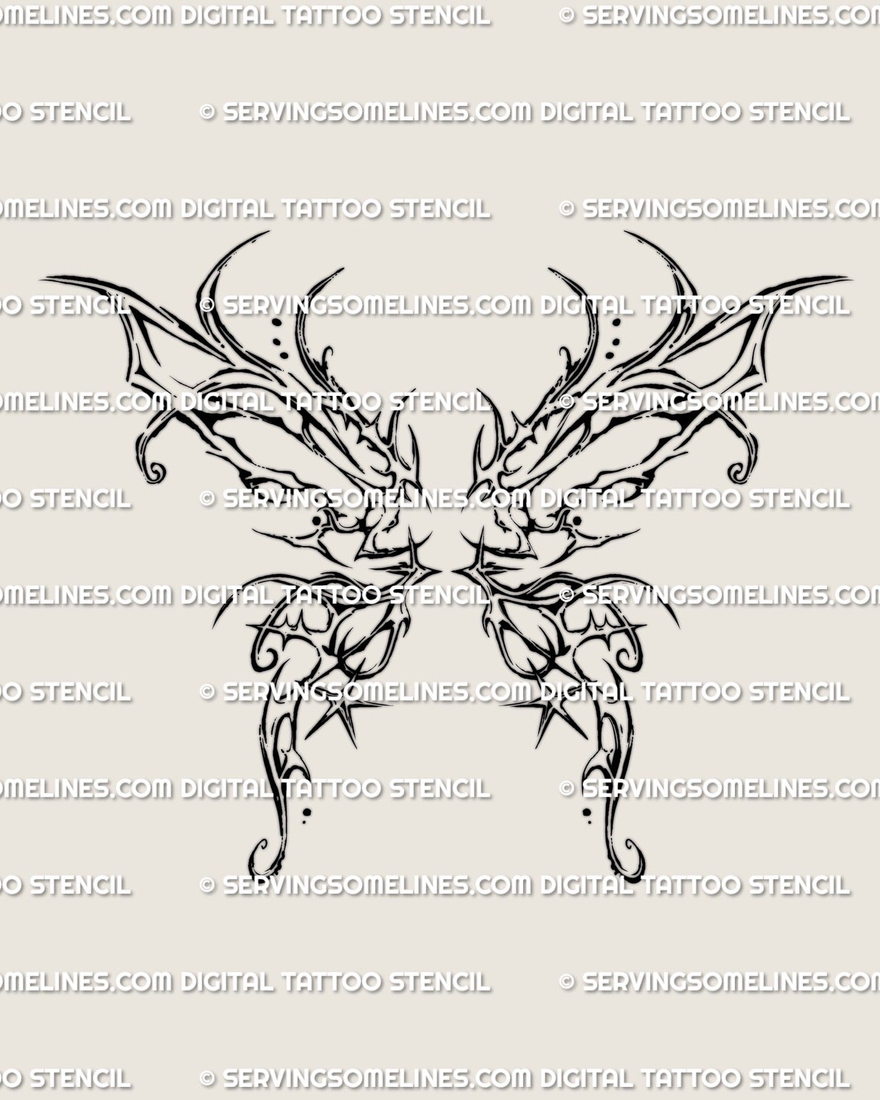 full fairy wings outline tattoo stencil featuring mystical curves and detailed ornamental shapes built for shoulder blade and spine alignment