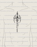 Fantasy sword tattoo stencil displayed on mens sternum placement example, dragon wing weapon emblem with digital files.