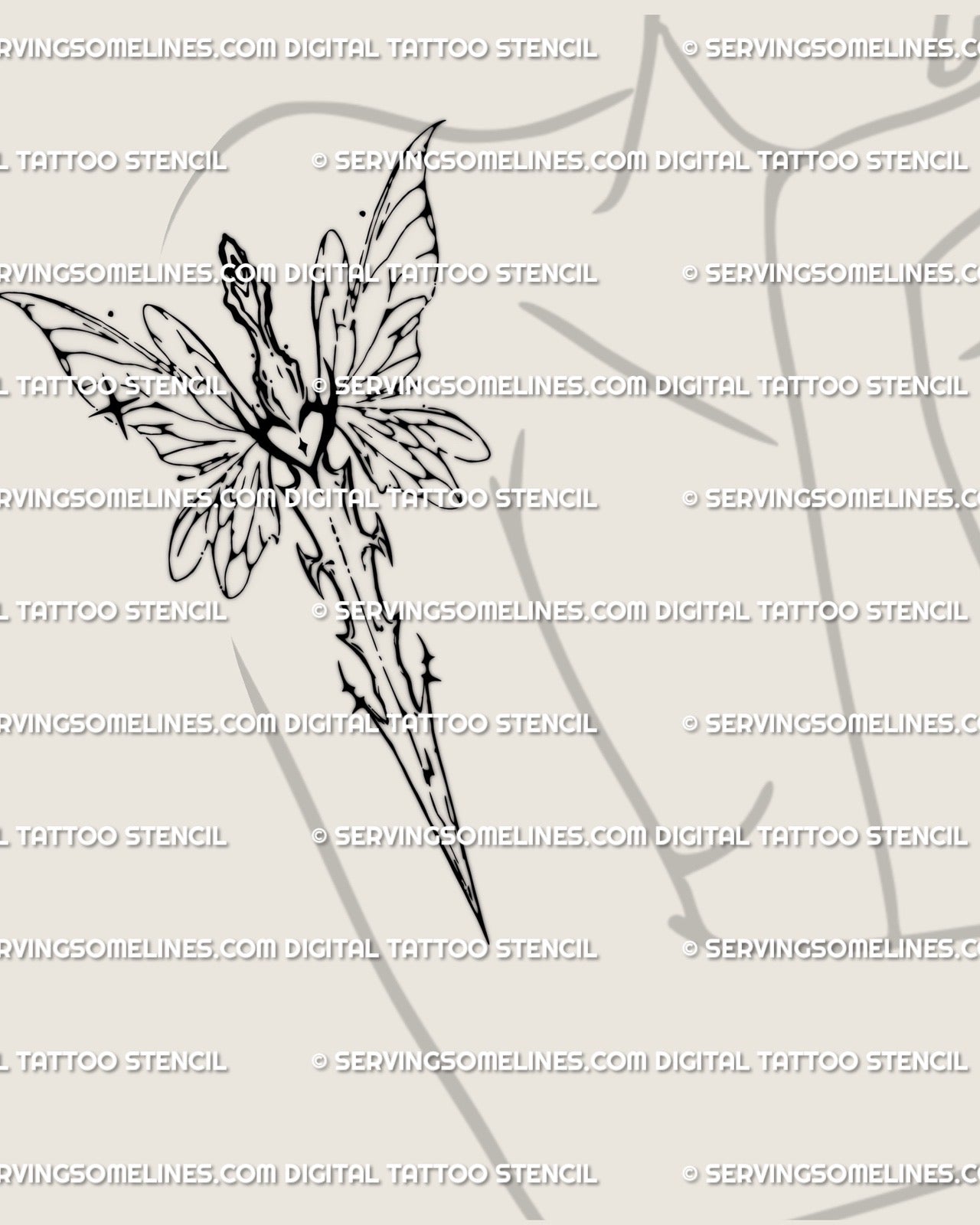 Fantasy sword tattoo stencil shown on woman’s arm placement, fairy wing sword with wide airy wings, clean linework.