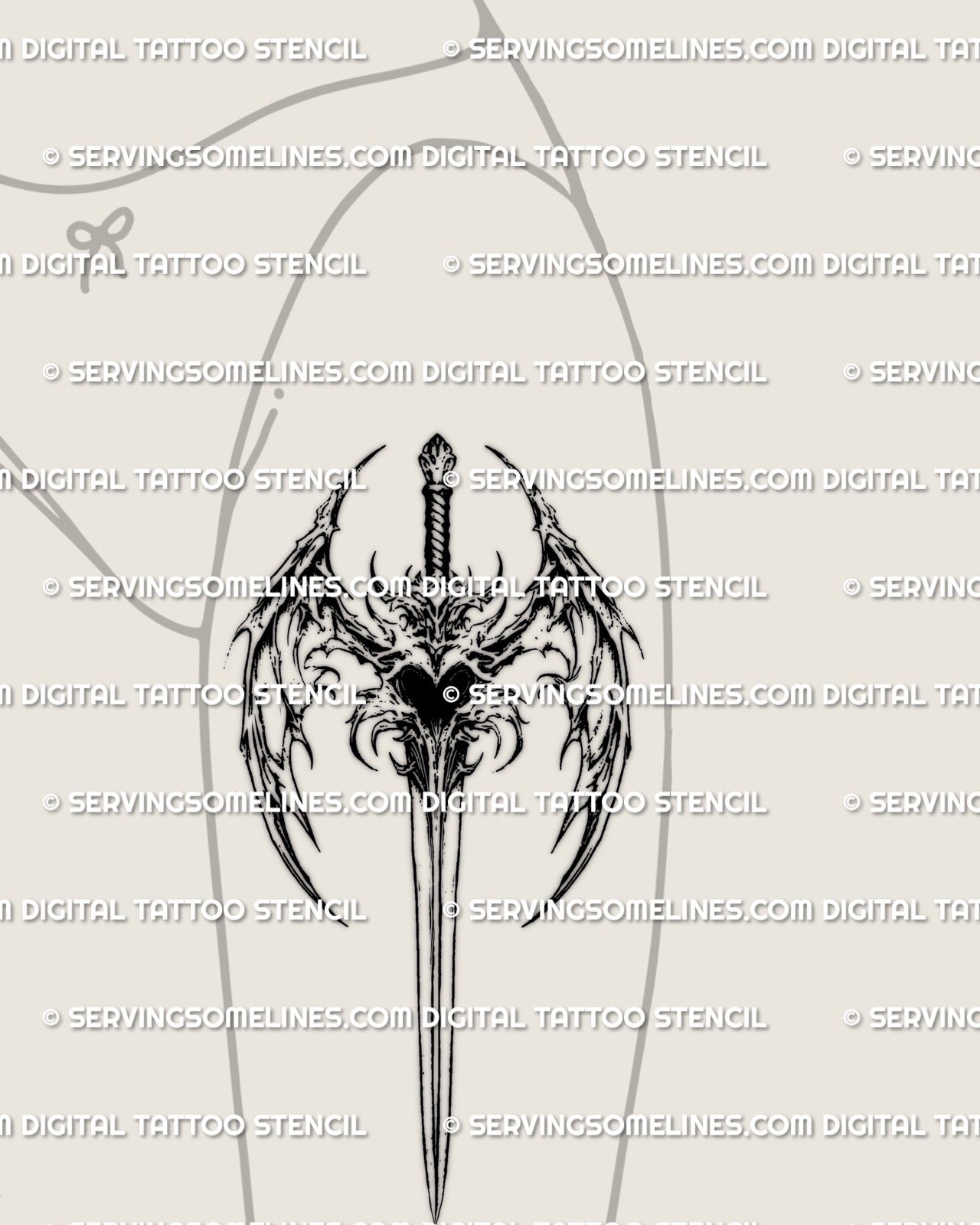 Fantasy sword tattoo with angel wings and heart centerpiece placed on women’s thigh, symbolic gothic sword stencil design
