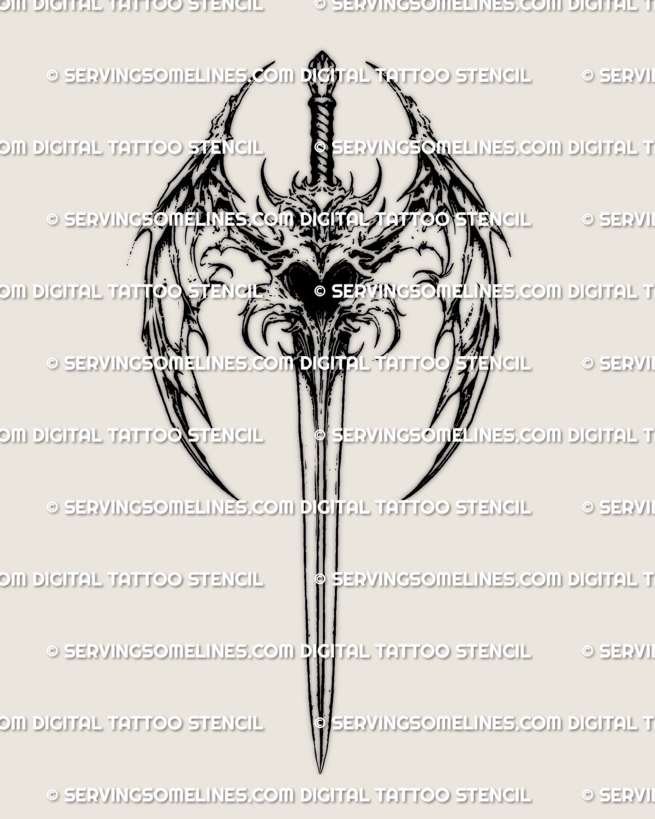 Fantasy winged sword tattoo stencil featuring rugged angel wings and a heart centerpiece, shown as original digital tattoo design