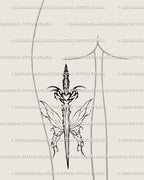 Fantasy winged sword sigil tattoo on the back of the thigh, butterfly wings, heart motif, neat tribal geometry for smooth flow.