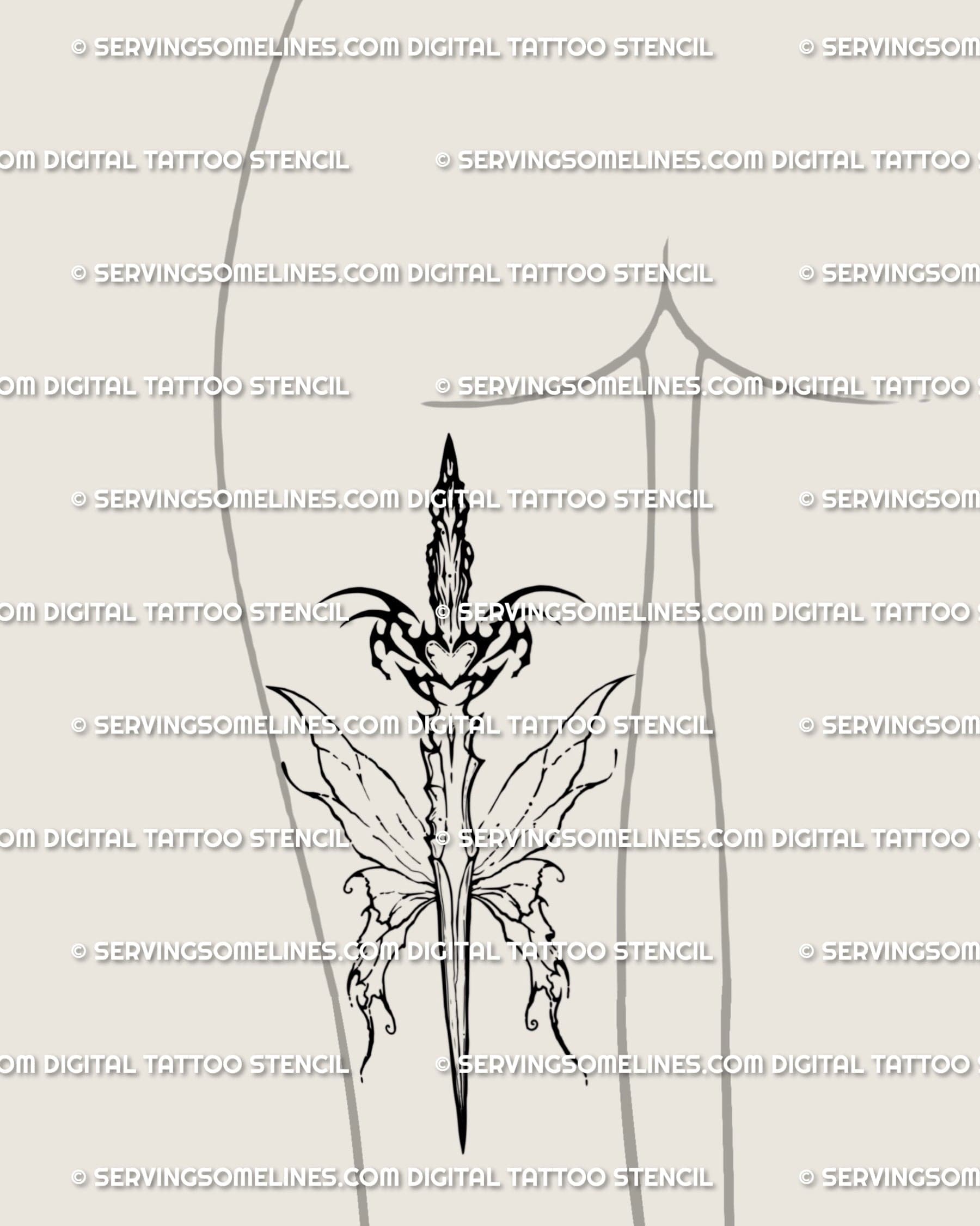 Fantasy winged sword sigil tattoo on the back of the thigh, butterfly wings, heart motif, neat tribal geometry for smooth flow.