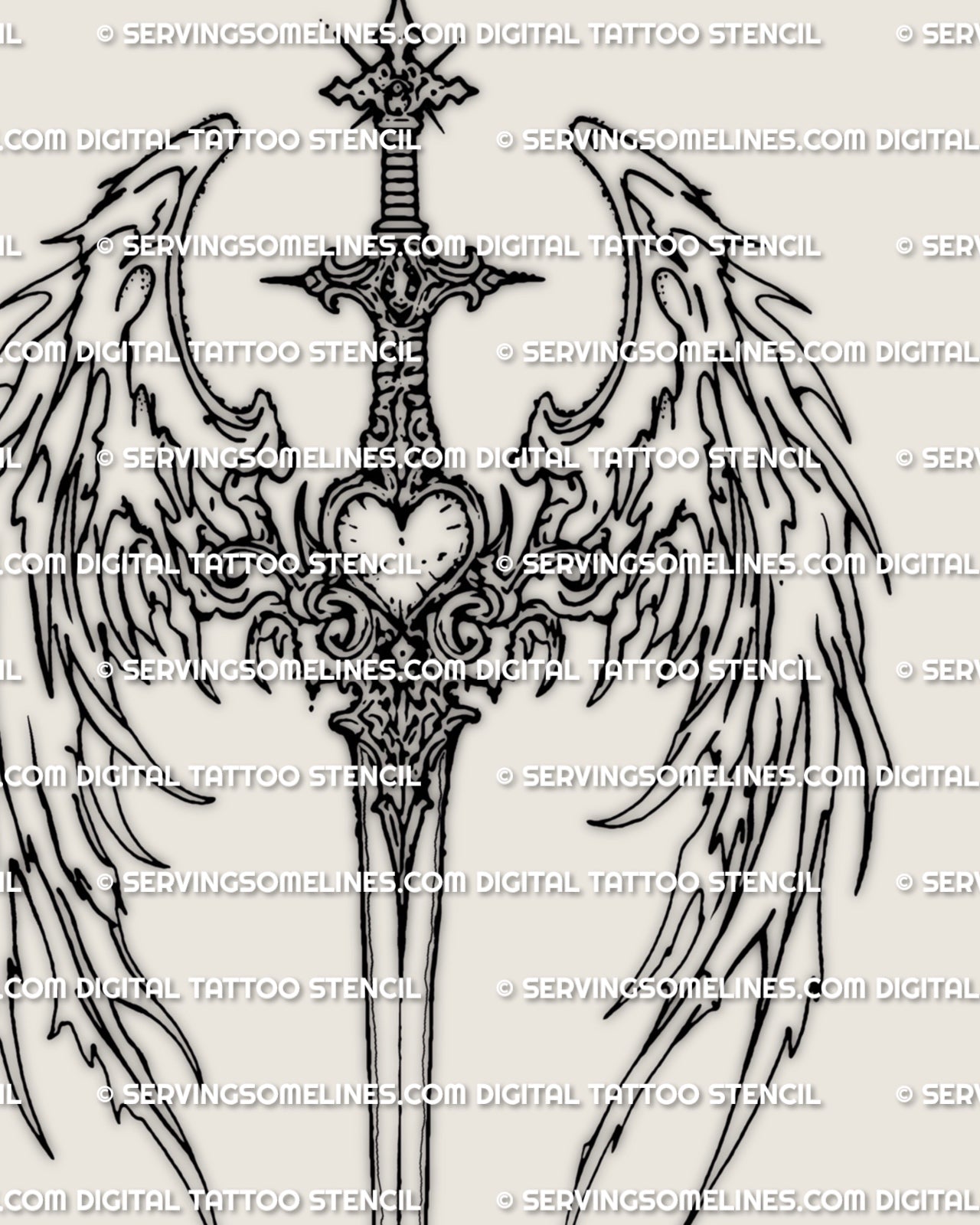 Close detail of feathered wing sword tattoo showing fine feather lines, decorative hilt detail, and heart-centered structure