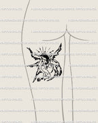 Female angel tattoo stencil shown on woman’s back thigh placement, minimalist six-winged seraph line art digital design preview.