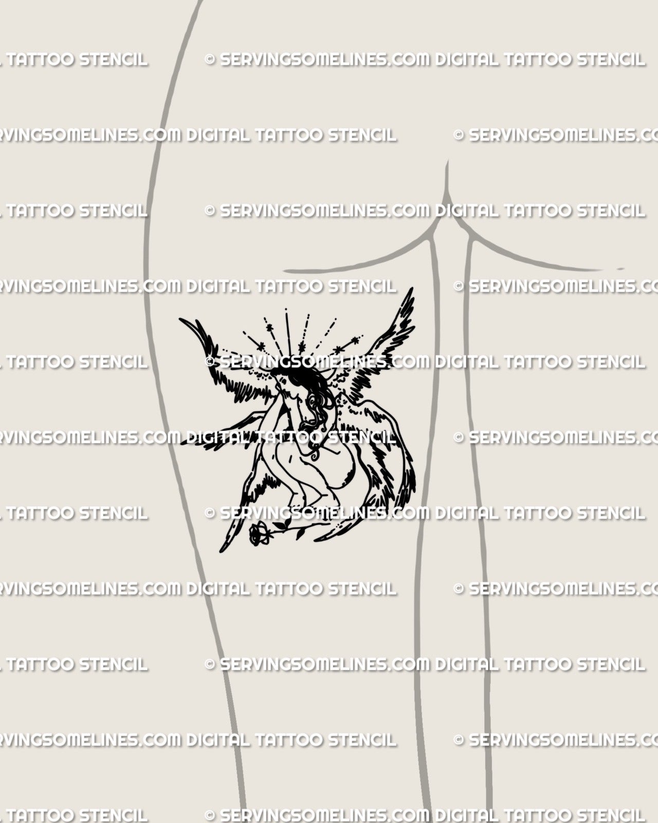 Female angel tattoo stencil shown on woman’s back thigh placement, minimalist six-winged seraph line art digital design preview.