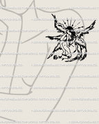 Female angel tattoo stencil shown on woman’s arm placement, minimalist seraphim linework digital stencil preview in blackwork. 