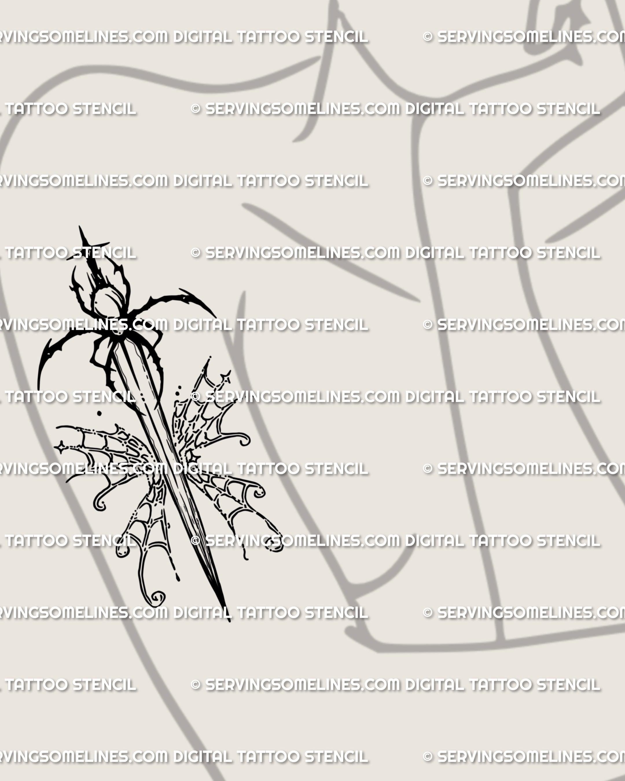 Female forearm spider sword tattoo idea featuring a gothic blade with spider hilt and webbed butterfly wings; elongated cybersigilism design that flows with the arm.