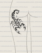 Gothic scorpion tattoo idea for women, heart-shaped scorpion design placed on the back of the thigh, bold girly goth placement with tribal influence.