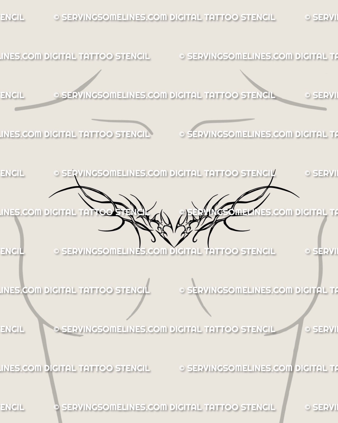 Feminine chest thorn heart wings tattoo idea, elegant ornamental neotribal design with curved vines and gothic heart symmetry.
