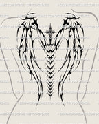 Female full back tattoo of cross with neotribal wings, showing long blackwork wing structure and centered spine detail on upper back.